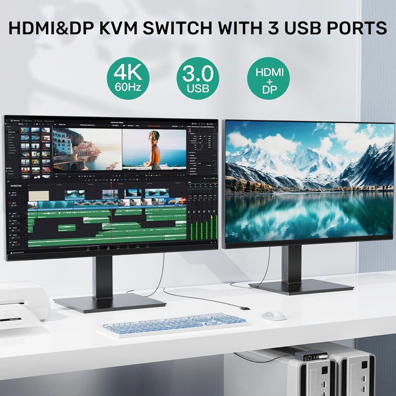 SUIDEK HDMI Displayport KVM Switch, 2 Computers 2 Monitors 4K@60Hz KVM Switcher Dual Monitor for 2 PC, 3 USB 3.0 Ports Support Extended/Mirror Mode with Desktop Controller&2 USB Cables&Power Adapter - Image 3